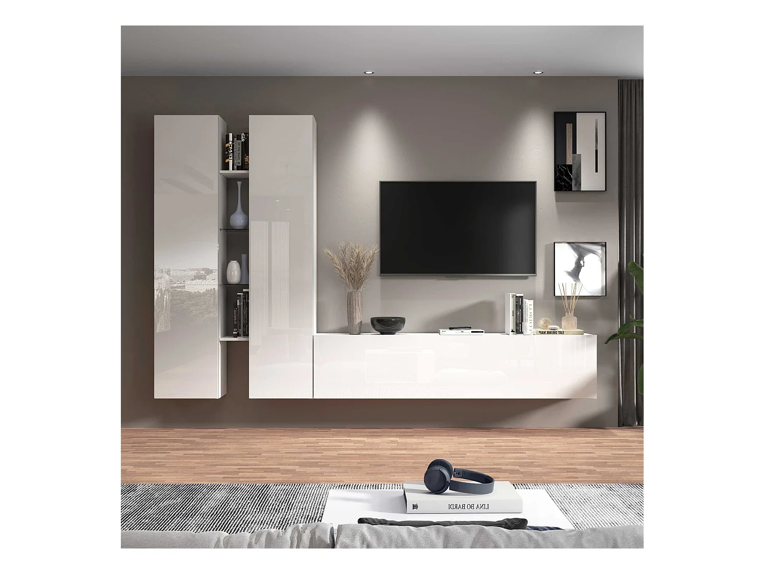 Meuble TV de salon blanc 4 étagères 2 placards Sage WH