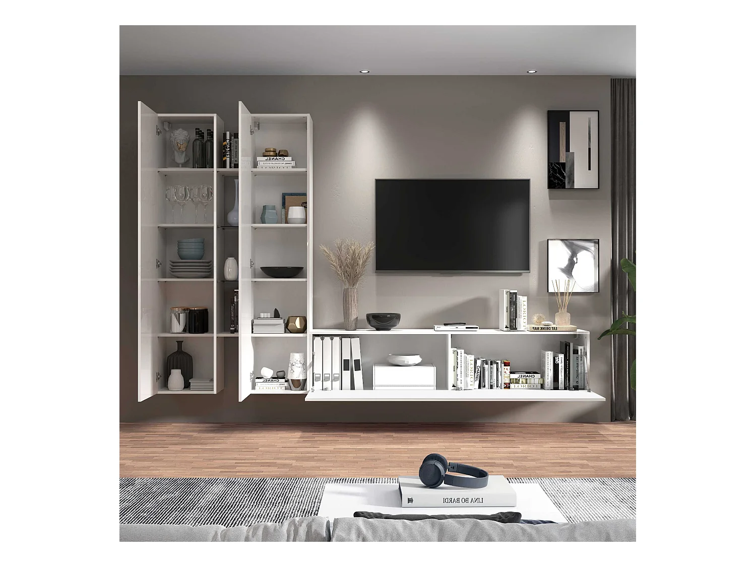 Meuble TV de salon blanc 4 étagères 2 placards Sage WH