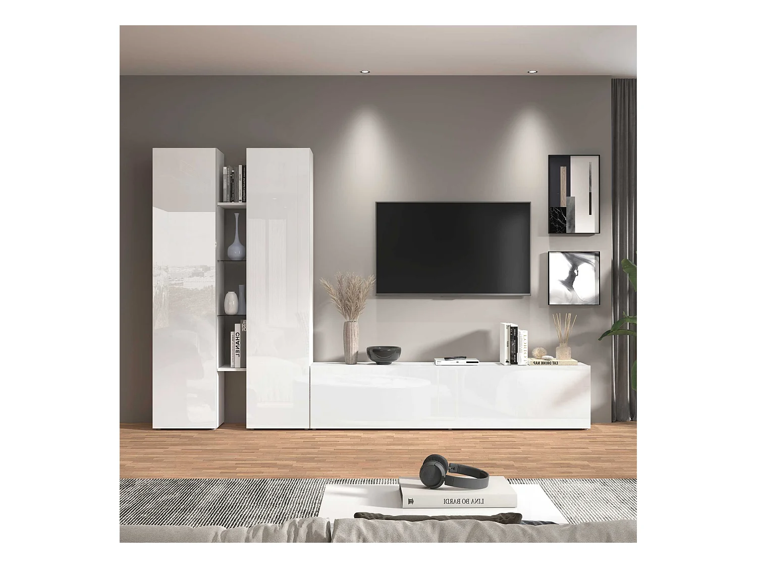 Meuble TV de salon blanc 4 étagères 2 placards Sage WH