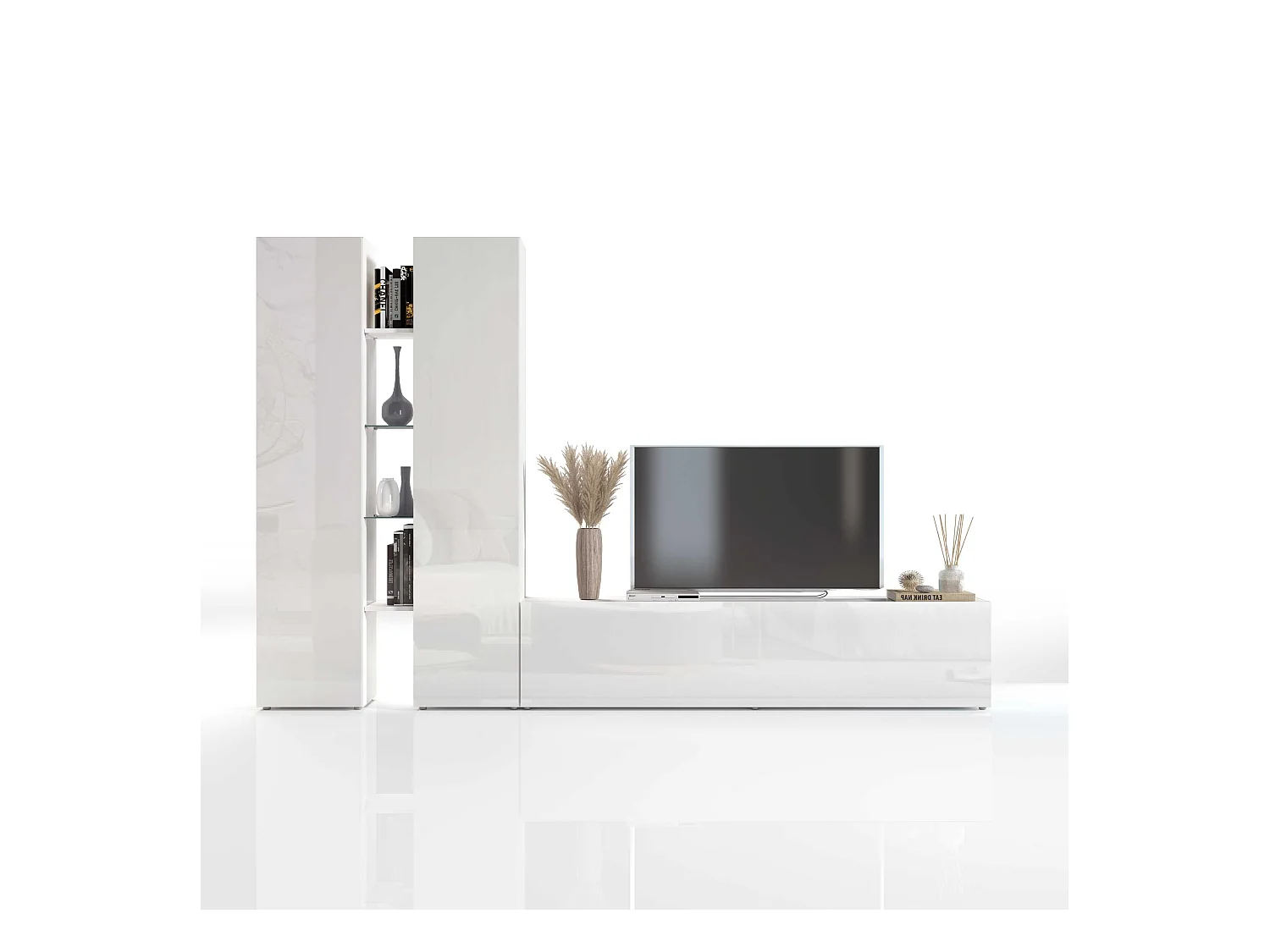 Meuble TV de salon blanc 4 étagères 2 placards Sage WH