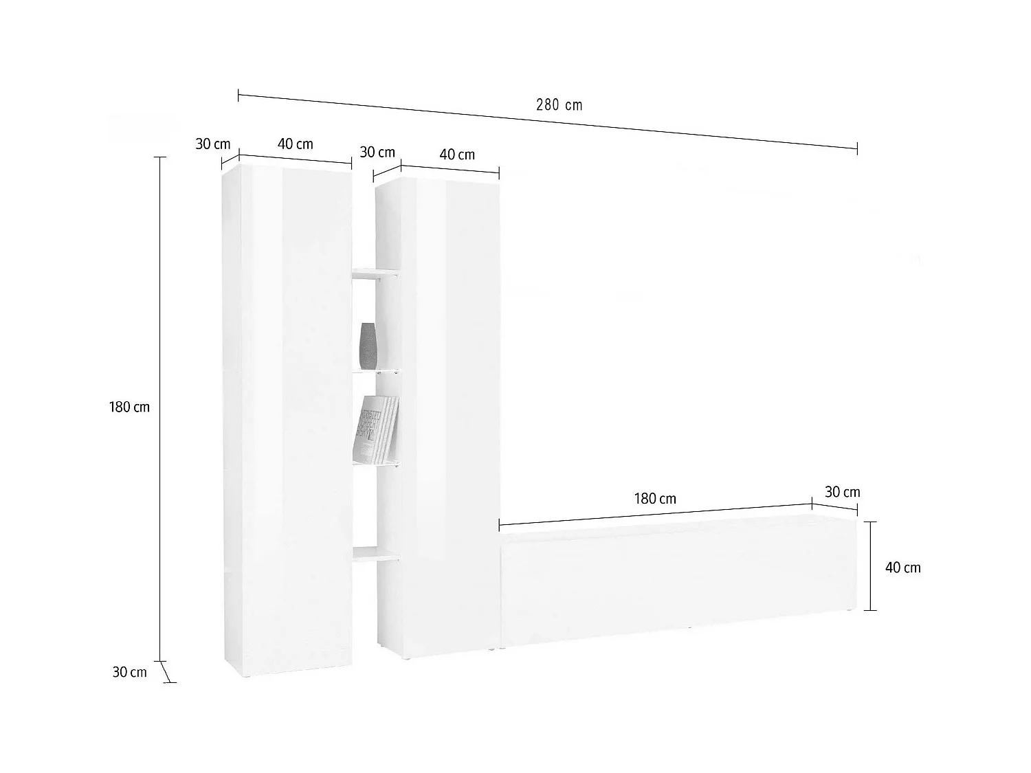 Meuble TV de salon blanc 4 étagères 2 placards Sage WH
