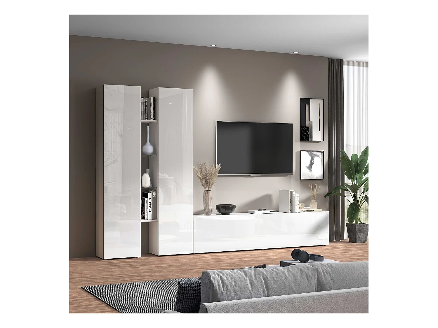 Meuble TV de salon blanc 4 étagères 2 placards Sage WH