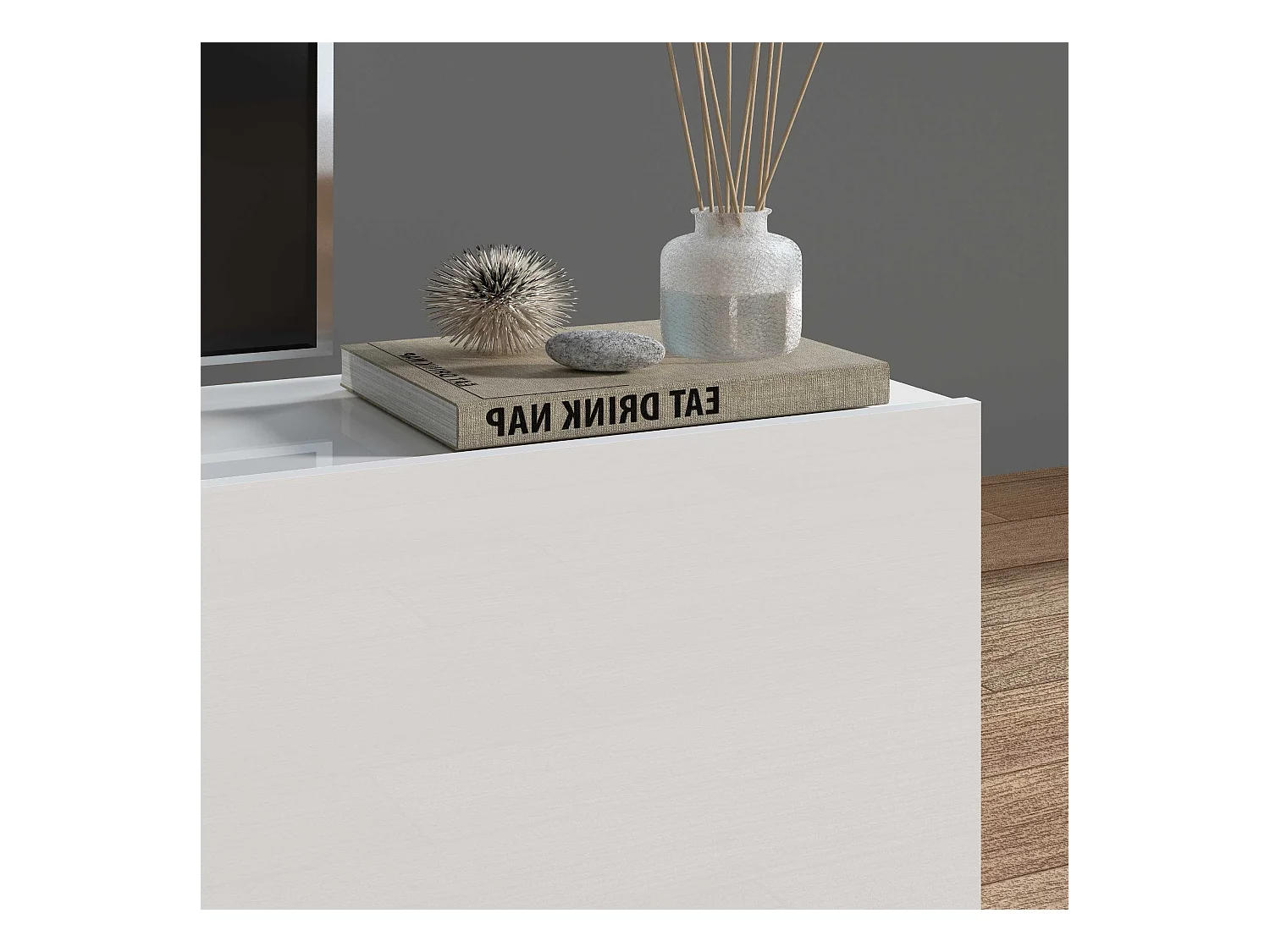 Meuble TV de salon blanc 4 étagères 2 placards Sage WH