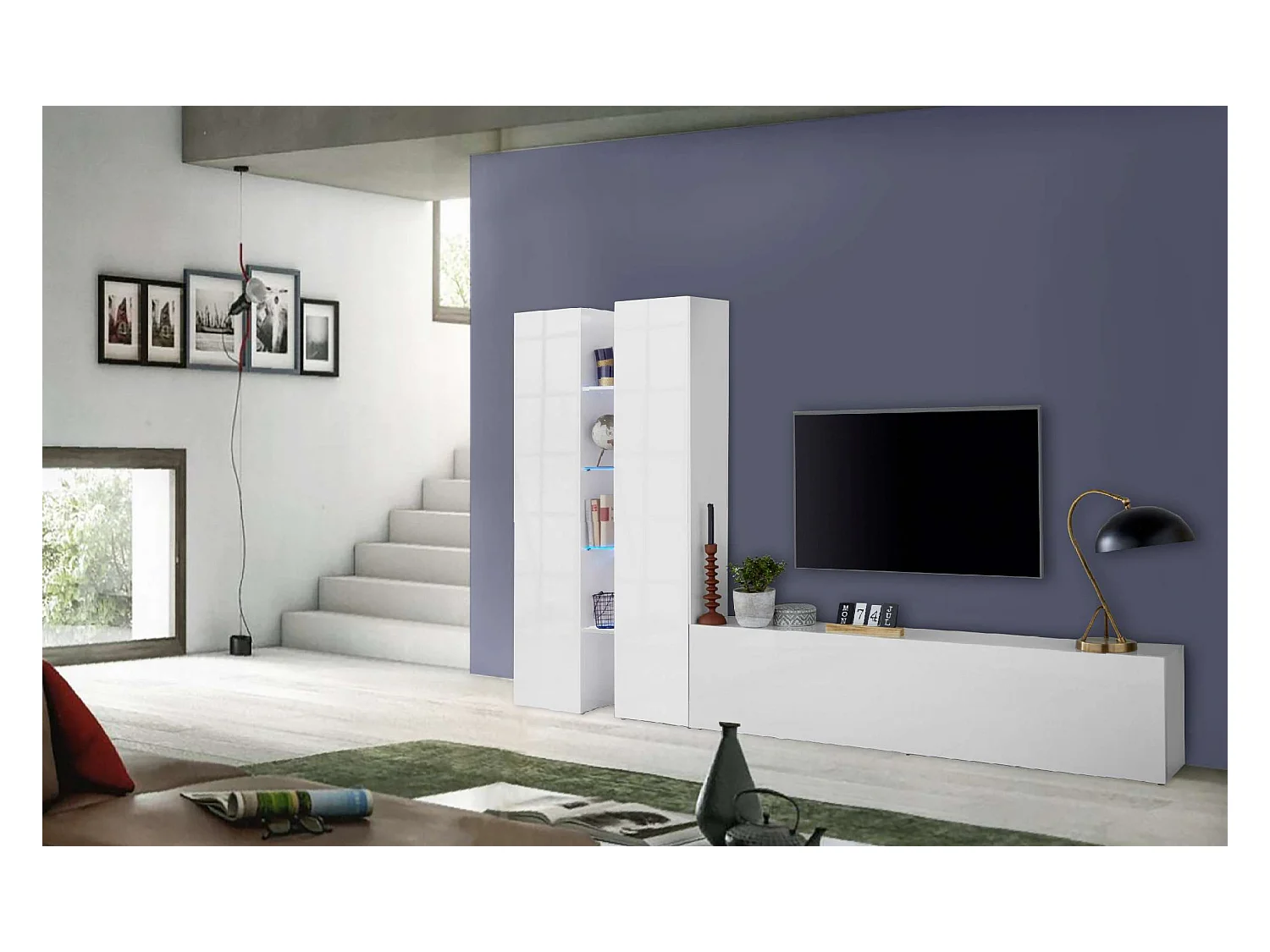 Mueble bajo TV blanco 4 estantes 2 armarios Sage WH