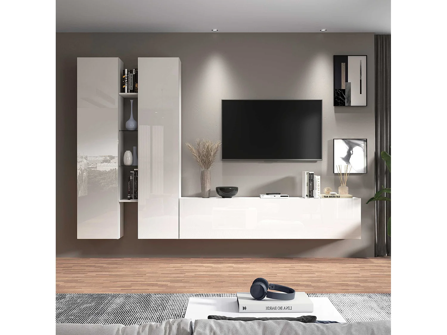 Parete attrezzata Maruska set soggiorno bianco lucido 260x30x180 cm