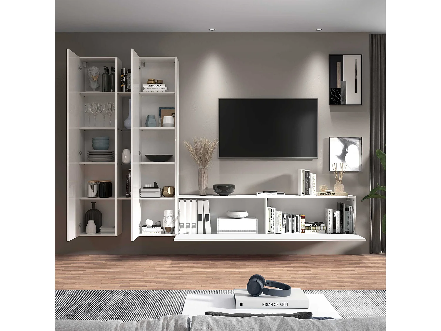 Parete attrezzata Maruska set soggiorno bianco lucido 260x30x180 cm