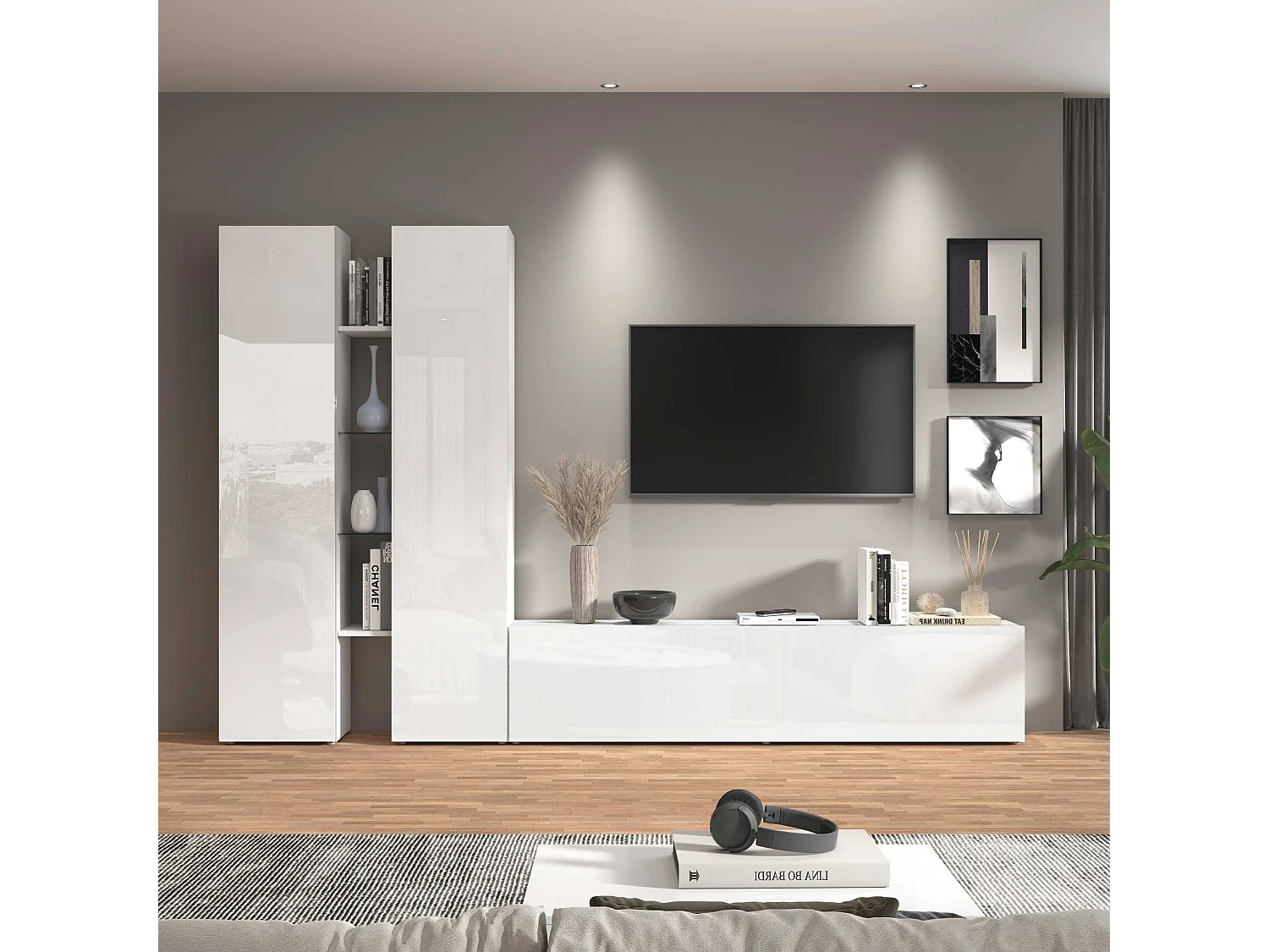 Parete attrezzata Maruska set soggiorno bianco lucido 260x30x180 cm