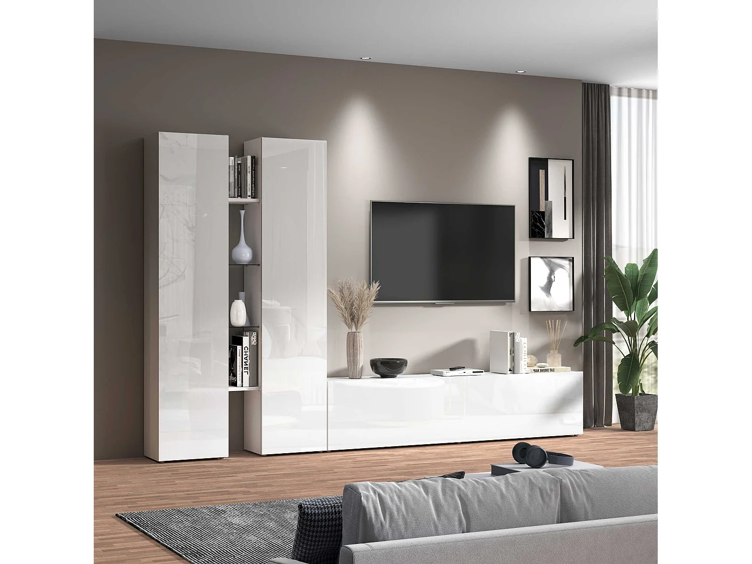 Parete attrezzata Maruska set soggiorno bianco lucido 260x30x180 cm