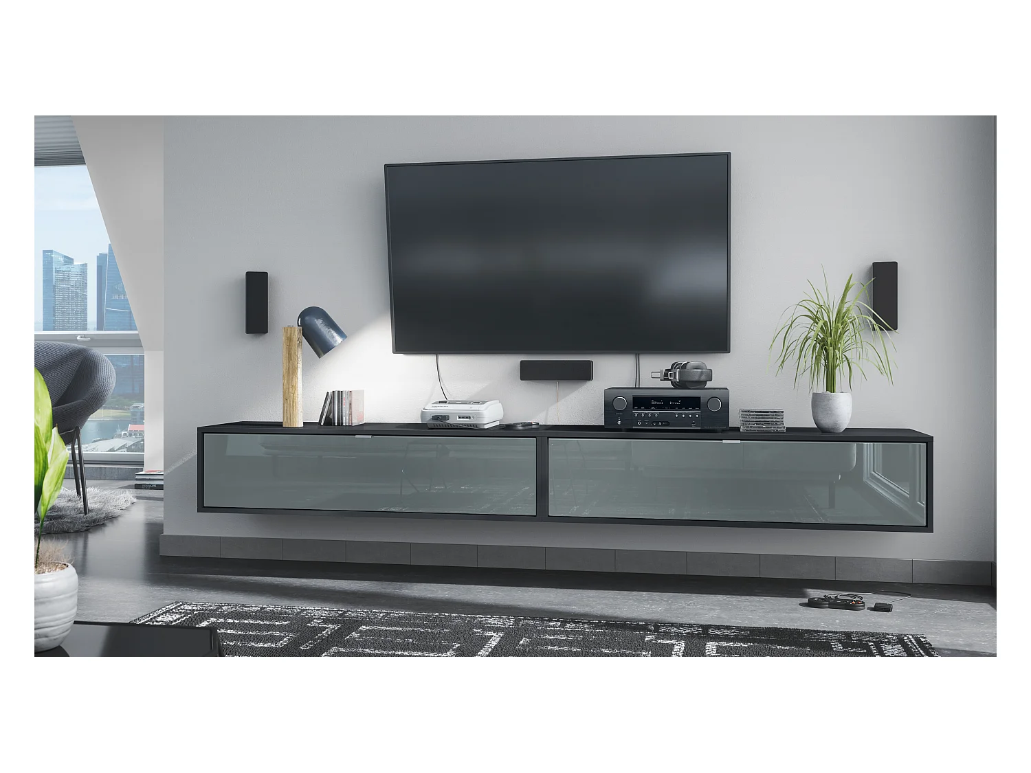 Ensemble de 2 set meuble TV Lana 120, lowboards de 120x29x37 cm chacun avec beaucoup d'espace de rangement, caisson en Noir mat, façades en Gris brillant