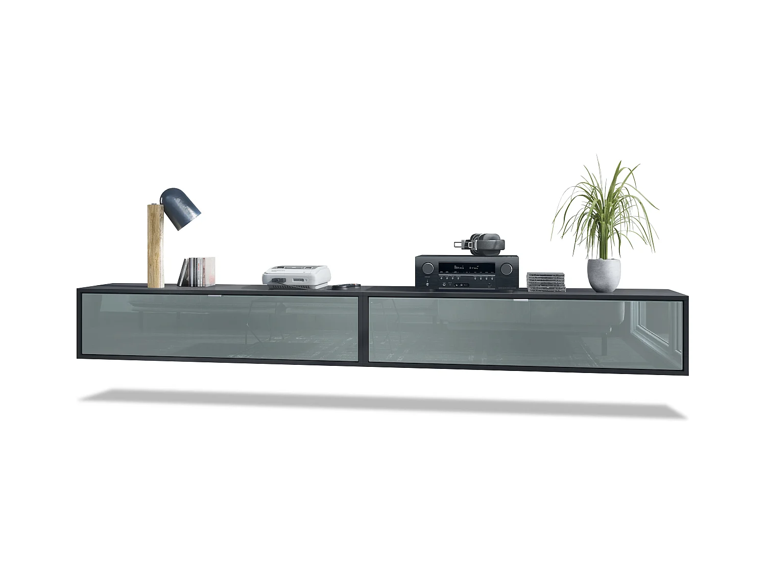 Ensemble de 2 set meuble TV Lana 120, lowboards de 120x29x37 cm chacun avec beaucoup d'espace de rangement, caisson en Noir mat, façades en Gris brillant
