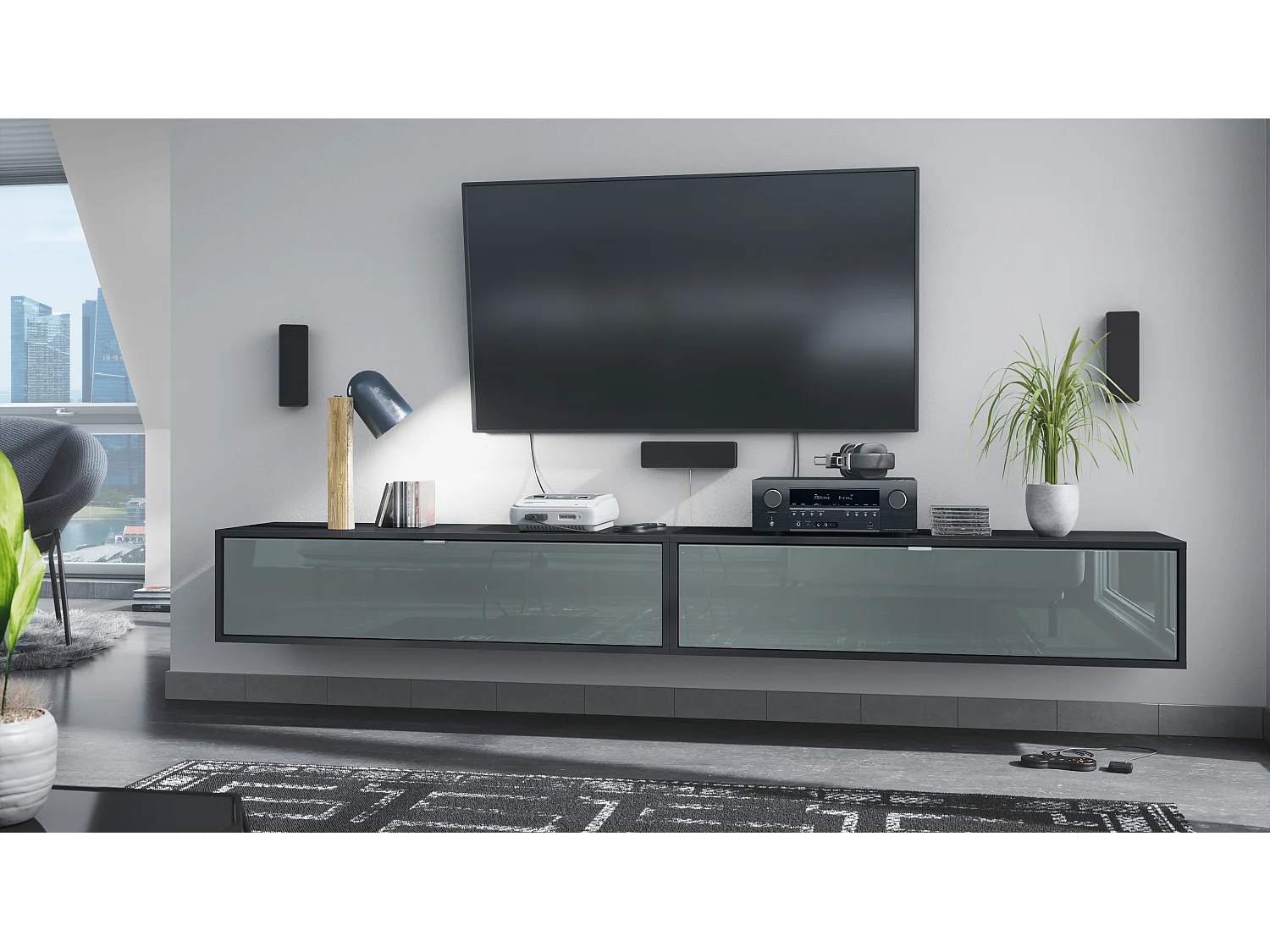 Ensemble de 2 set meuble TV Lana 120, lowboards de 120x29x37 cm chacun avec beaucoup d'espace de rangement, caisson en Noir mat, façades en Gris brillant