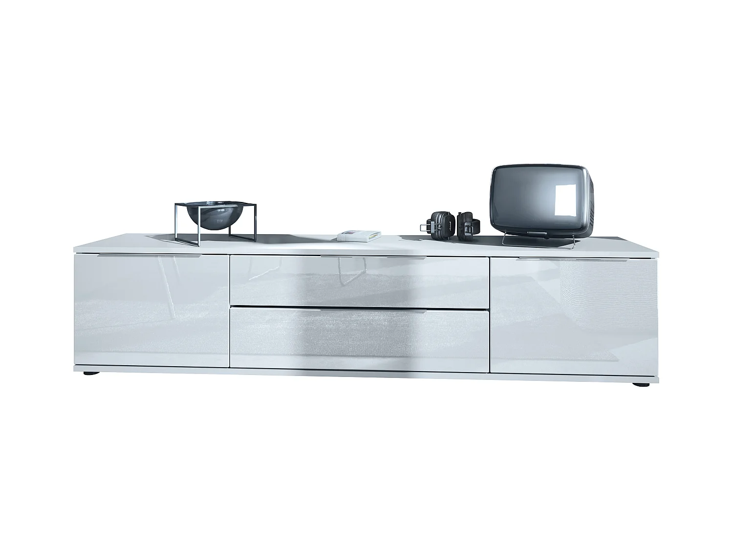 Buffet TV Linio V2, Table de télévision avec 2 portes et 2 tiroirs - Blanc / blanc haute brillance (166,5 x 37,5 x 35 cm)