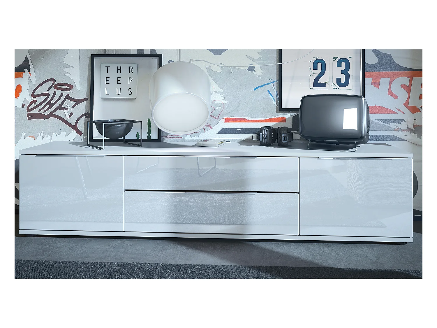 Buffet TV Linio V2, Table de télévision avec 2 portes et 2 tiroirs - Blanc / blanc haute brillance (166,5 x 37,5 x 35 cm)
