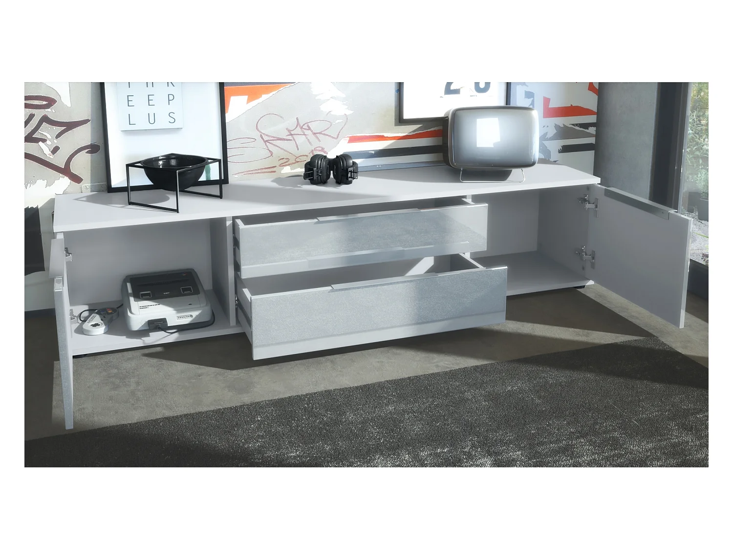 Buffet TV Linio V2, Table de télévision avec 2 portes et 2 tiroirs - Blanc / blanc haute brillance (166,5 x 37,5 x 35 cm)
