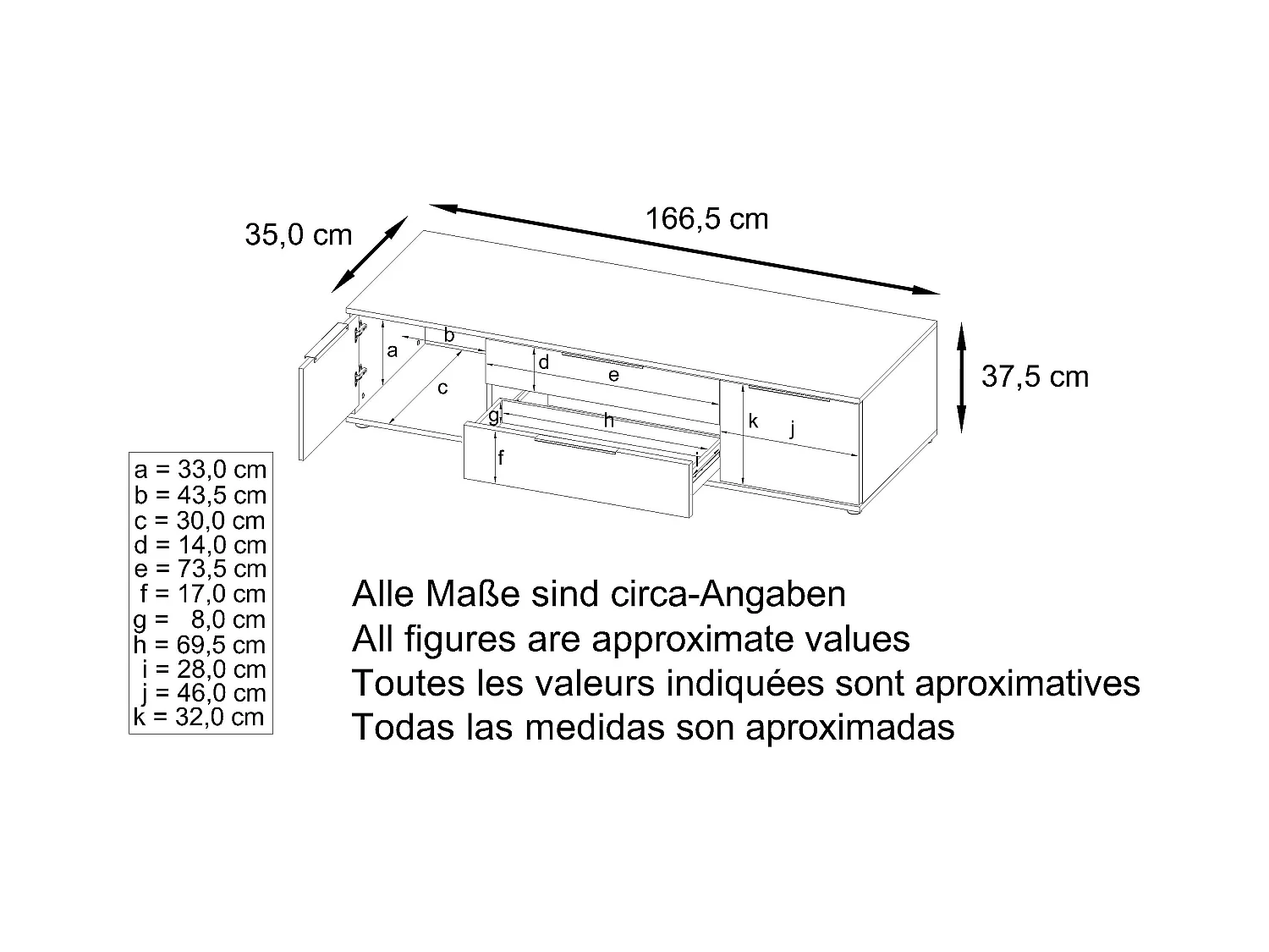 Buffet TV Linio V2, Table de télévision avec 2 portes et 2 tiroirs - Blanc / blanc haute brillance (166,5 x 37,5 x 35 cm)