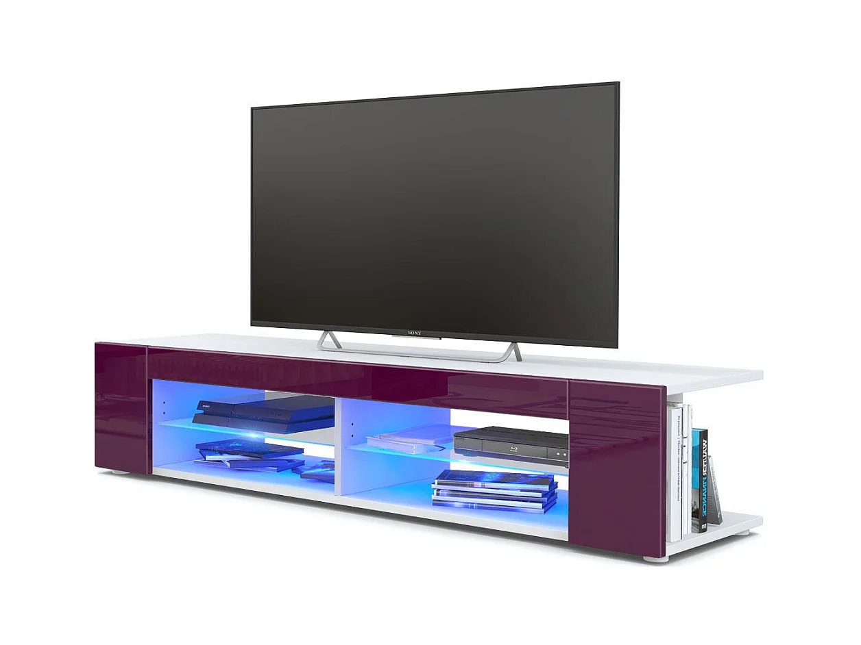 Buffet bas Movie, Meuble TV avec 4 compartiments ouverts et placages décoratifs, Blanc mat/Mûre haute brillance, éclairage LED bleu inclus (134 x 29 x 39 cm)