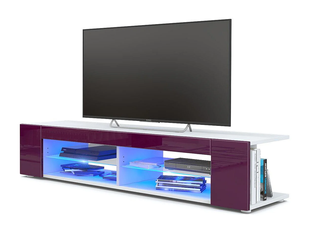 Buffet bas Movie, Meuble TV avec 4 compartiments ouverts et placages décoratifs, Blanc mat/Mûre haute brillance, éclairage LED bleu inclus (134 x 29 x 39 cm)