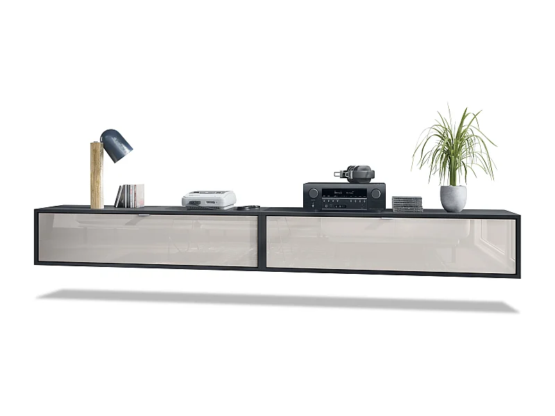 Set de 2 muebles televisor colgantes Lana 120, cada parte del set mide 120 x 29 x 37 cm, cuerpo en Negro mate, frentes en Gris arena de alto brillo