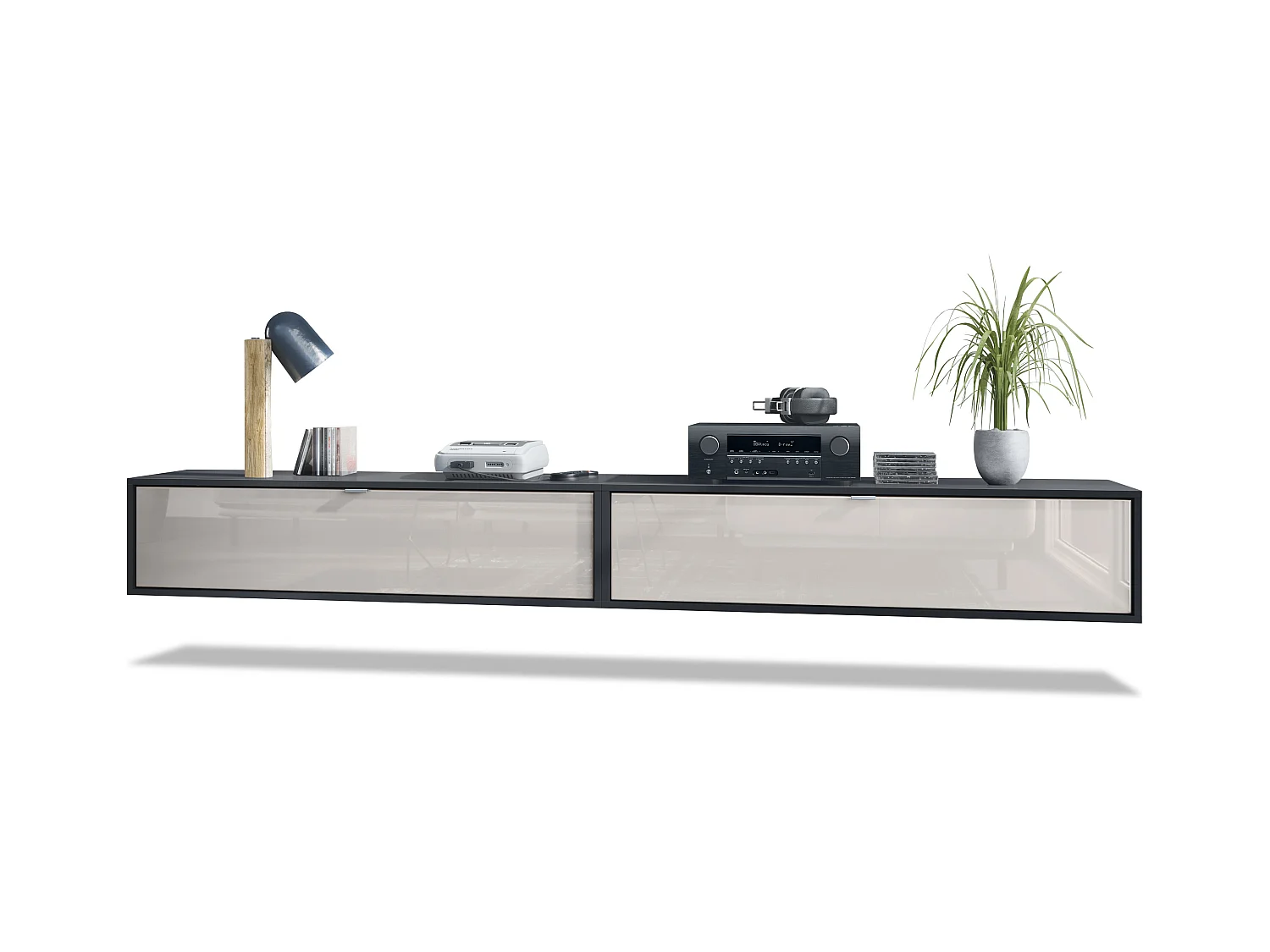 Ensemble de 2 set meuble TV Lana 120, lowboards de 120 x 29 x 37 cm chacun avec beaucoup d'espace de rangement, caisson en Noir mat, façades en Gris sable brillant