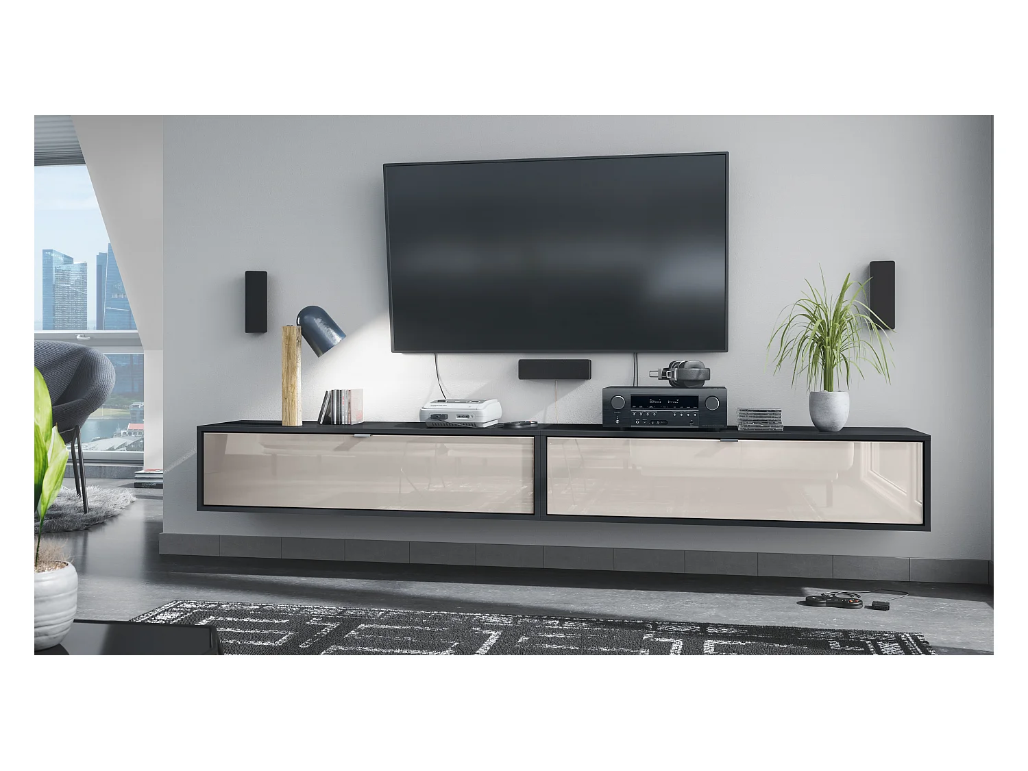 Ensemble de 2 set meuble TV Lana 120, lowboards de 120 x 29 x 37 cm chacun avec beaucoup d'espace de rangement, caisson en Noir mat, façades en Gris sable brillant