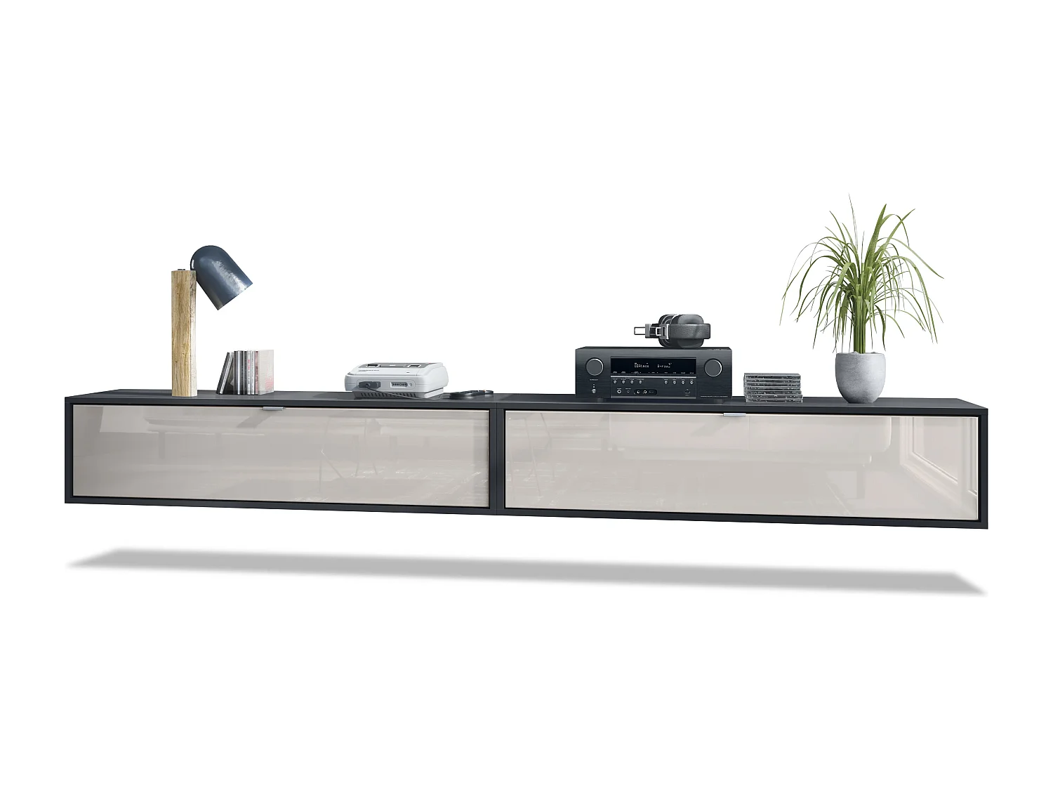 Ensemble de 2 set meuble TV Lana 120, lowboards de 120 x 29 x 37 cm chacun avec beaucoup d'espace de rangement, caisson en Noir mat, façades en Gris sable brillant