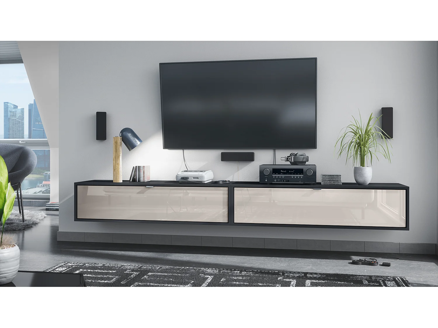Ensemble de 2 set meuble TV Lana 120, lowboards de 120 x 29 x 37 cm chacun avec beaucoup d'espace de rangement, caisson en Noir mat, façades en Gris sable brillant