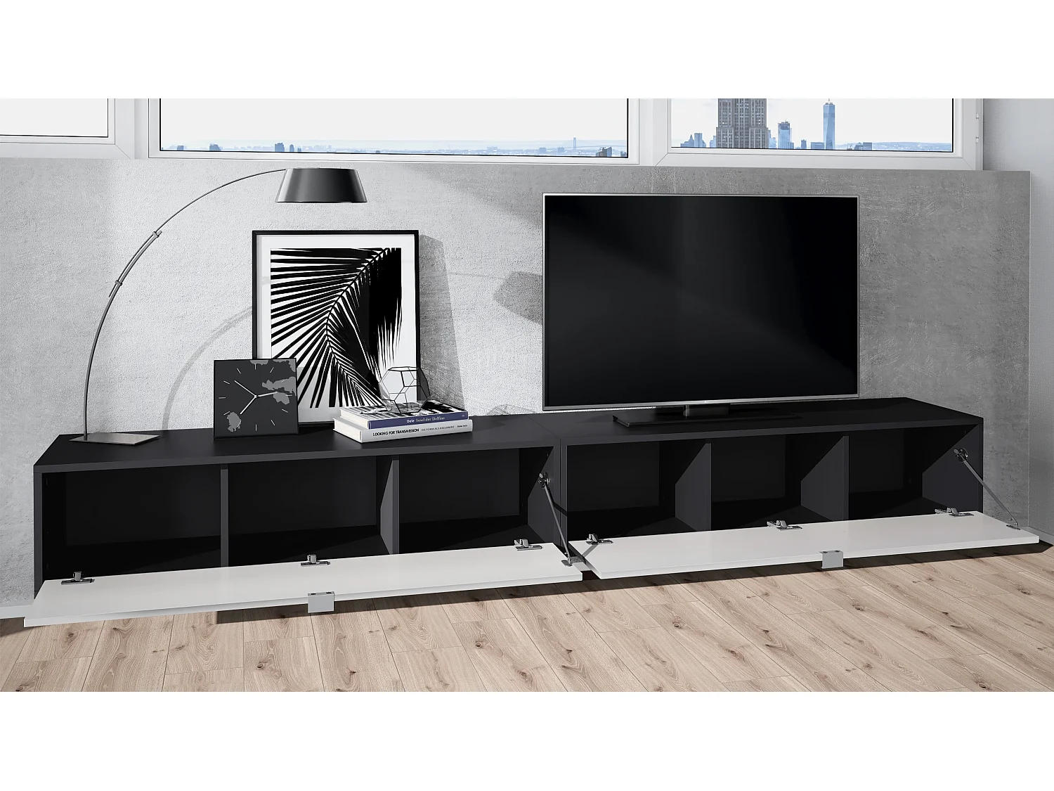 Ensemble de 2 set meuble TV Lana 120, lowboards de 120 x 29 x 37 cm chacun avec beaucoup d'espace de rangement, caisson en Noir mat, façades en Gris sable brillant