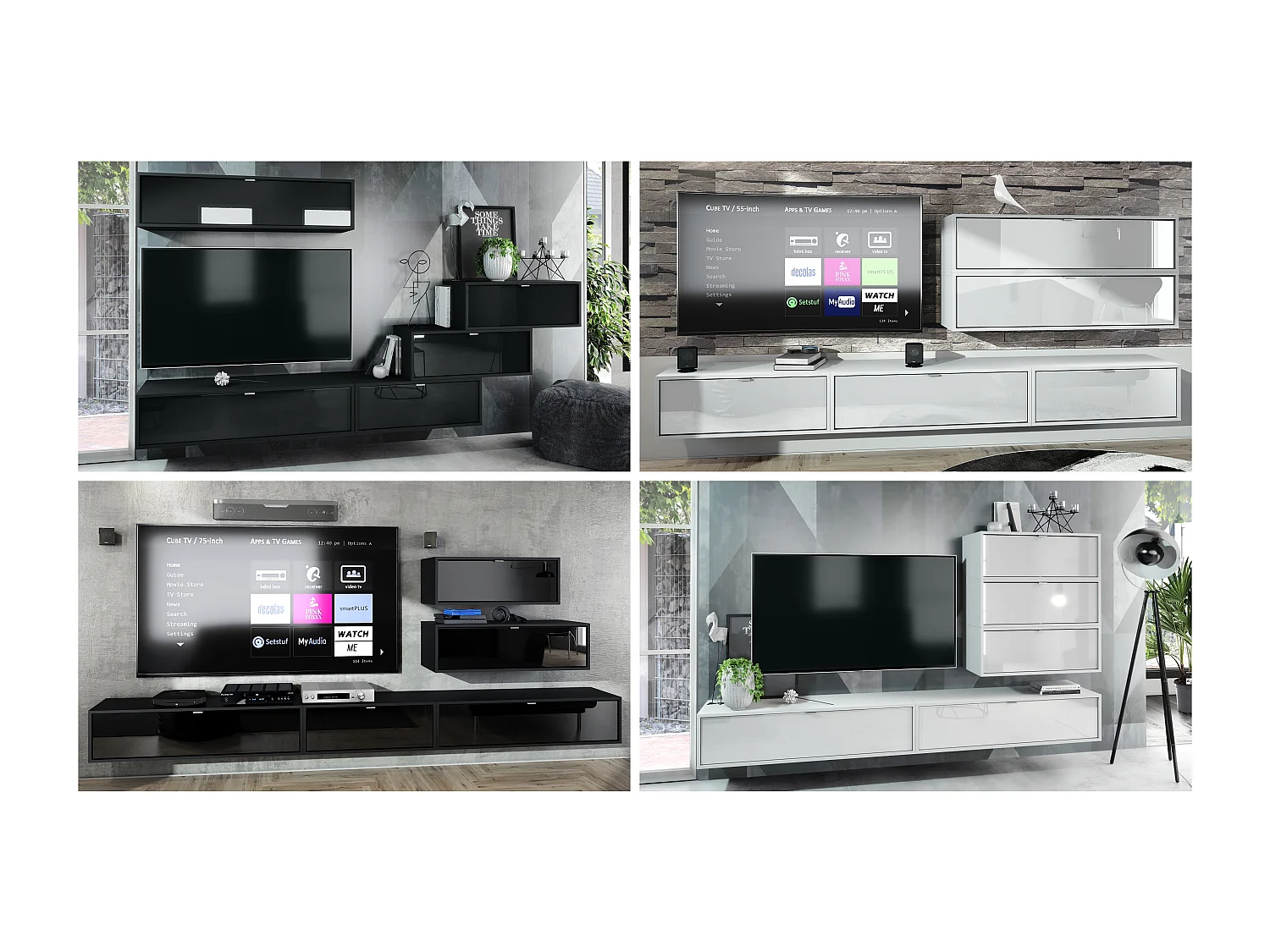 Ensemble de 2 set meuble TV Lana 120, lowboards de 120 x 29 x 37 cm chacun avec beaucoup d'espace de rangement, caisson en Noir mat, façades en Gris sable brillant