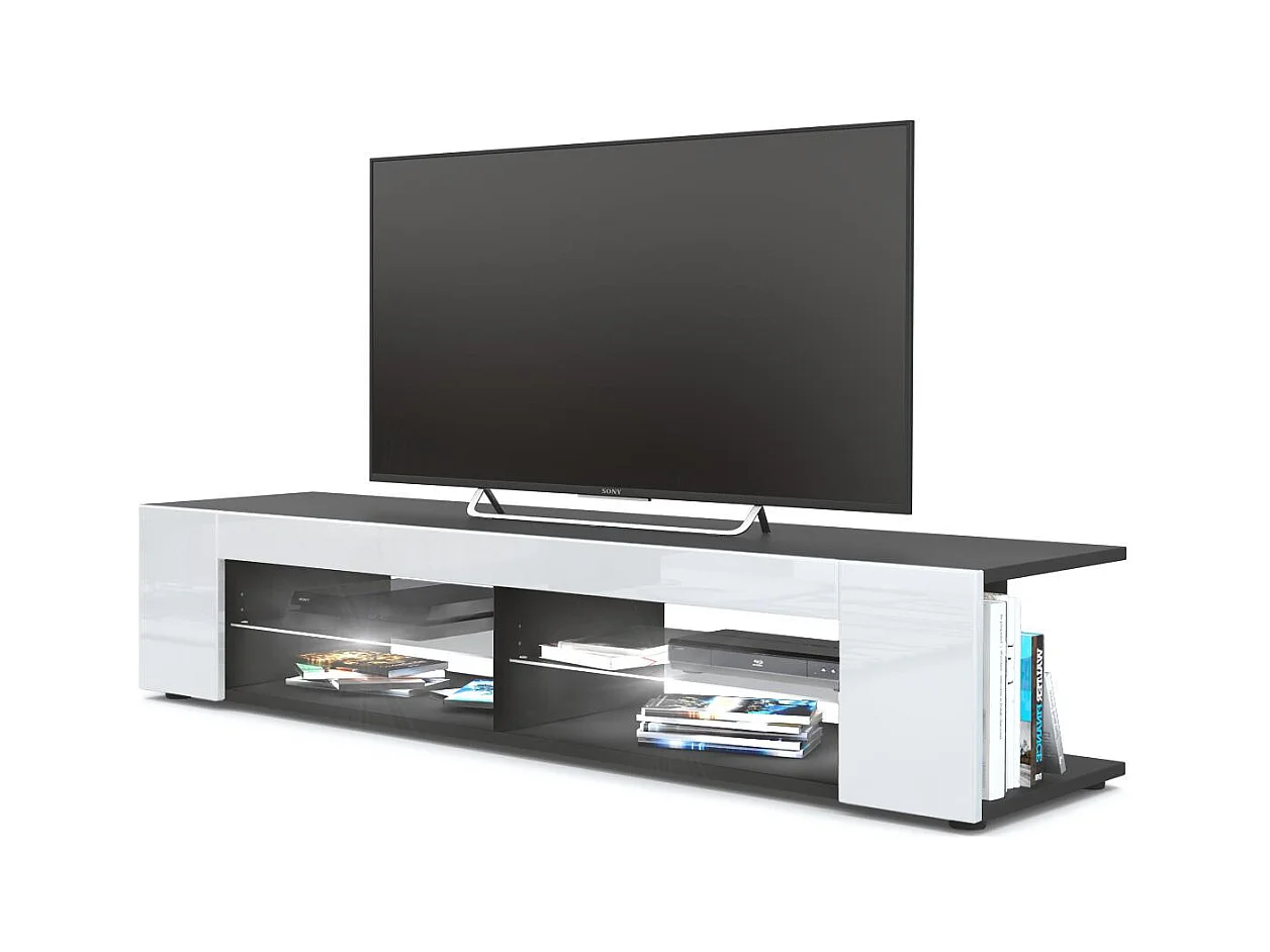 Buffet bas Movie, Meuble TV avec 4 compartiments ouverts et placages décoratifs, Noir mat/Blanc brillant, éclairage LED blanc inclus (134 x 29 x 39 cm)