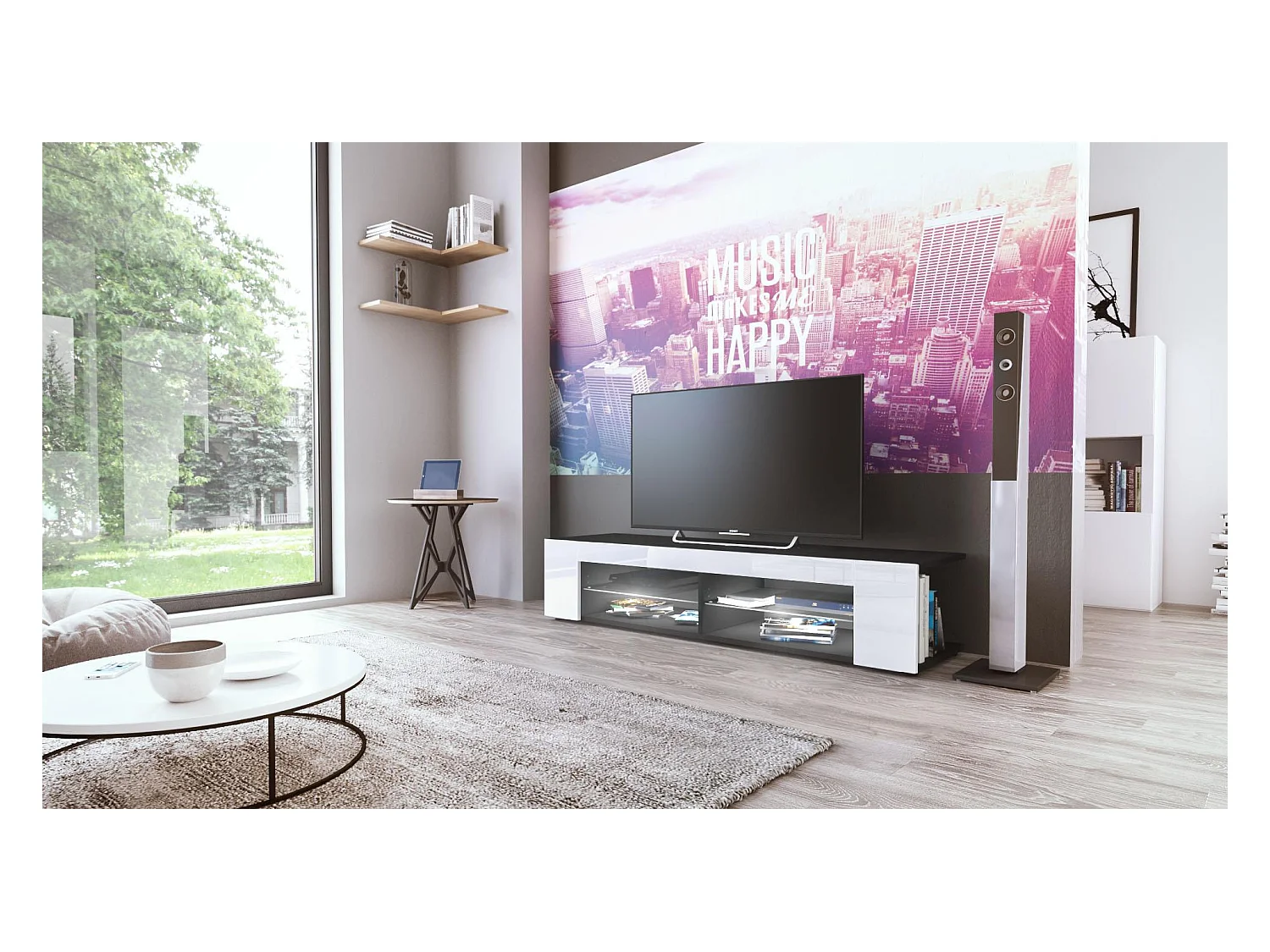 Buffet bas Movie, Meuble TV avec 4 compartiments ouverts et placages décoratifs, Noir mat/Blanc brillant, éclairage LED blanc inclus (134 x 29 x 39 cm)