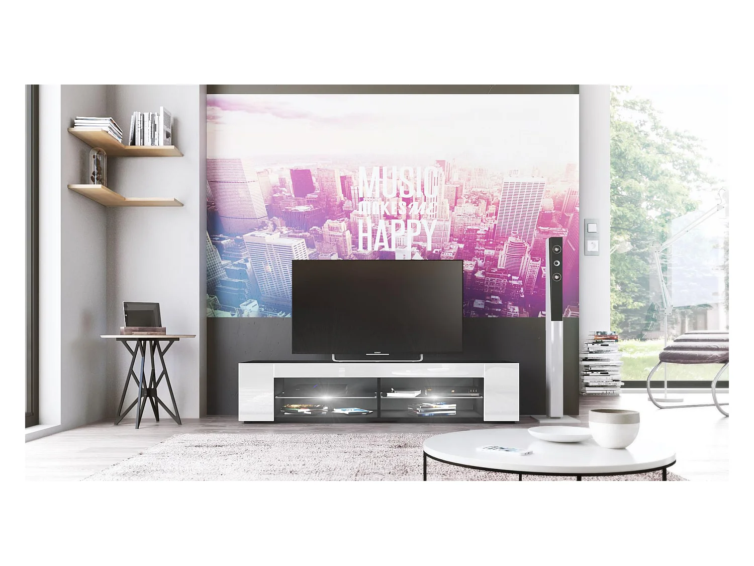 Buffet bas Movie, Meuble TV avec 4 compartiments ouverts et placages décoratifs, Noir mat/Blanc brillant, éclairage LED blanc inclus (134 x 29 x 39 cm)