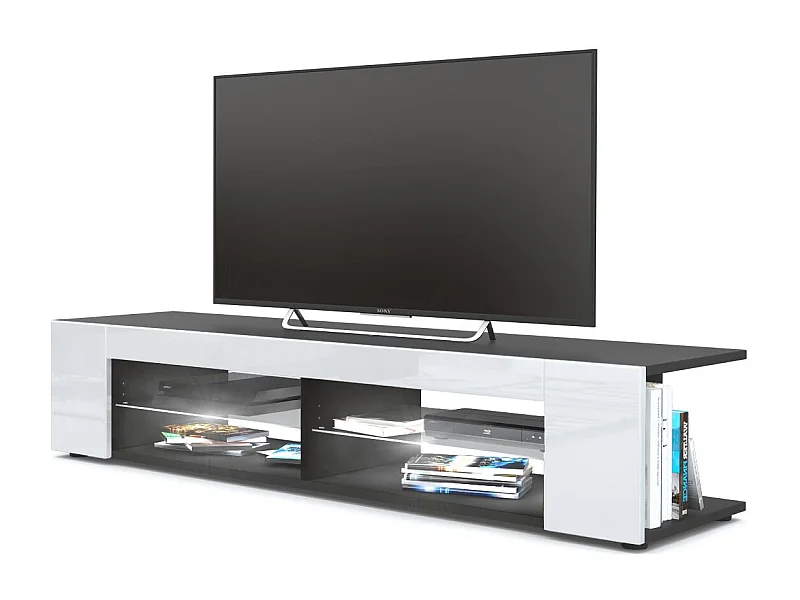 Buffet bas Movie, Meuble TV avec 4 compartiments ouverts et placages décoratifs, Noir mat/Blanc brillant, éclairage LED blanc inclus (134 x 29 x 39 cm)