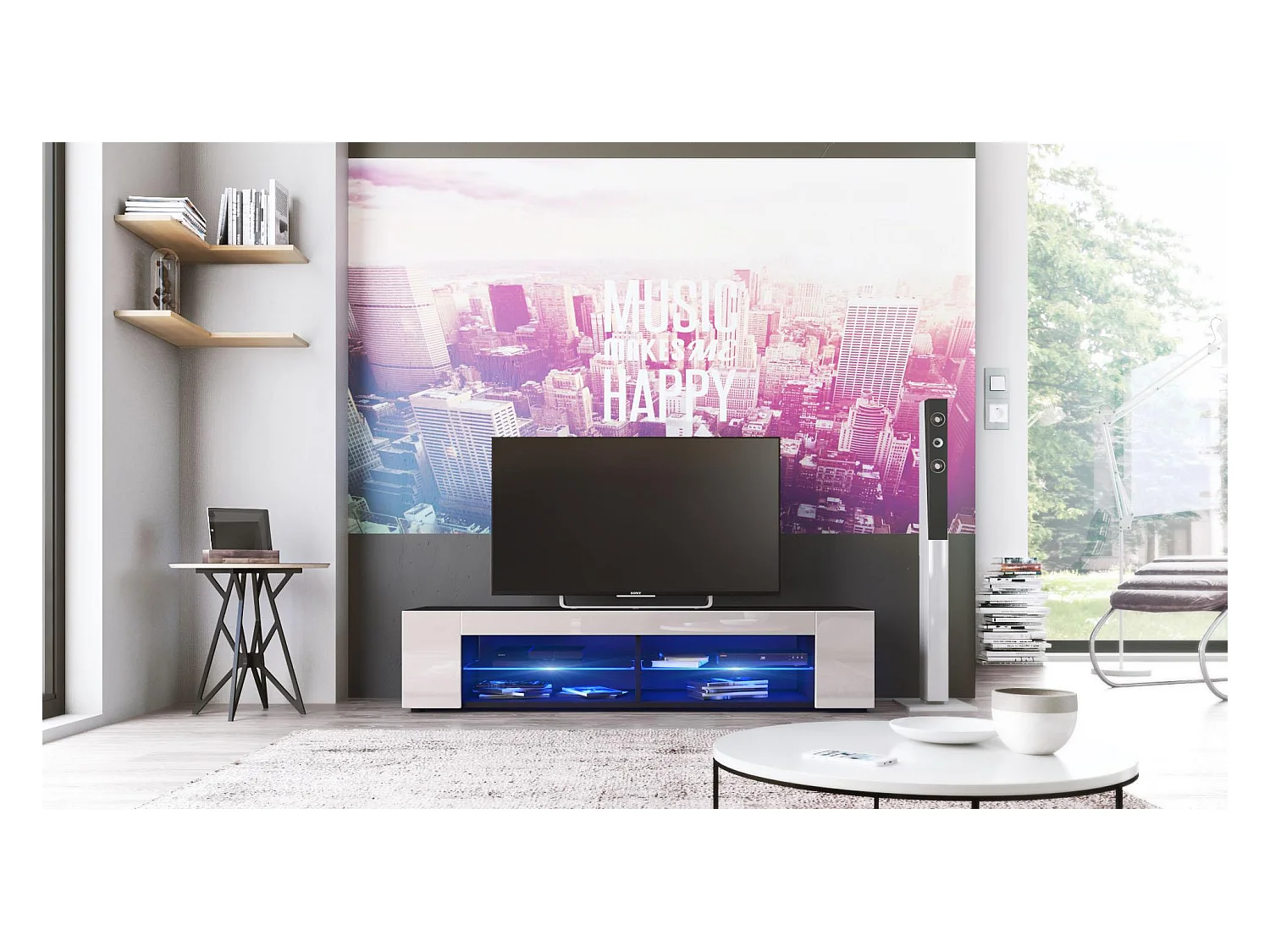 Buffet bas Movie, Meuble TV avec 4 compartiments ouverts et placages décoratifs, Noir mat/Gris sable brillant, éclairage LED bleu inclus (134 x 29 x 39 cm)