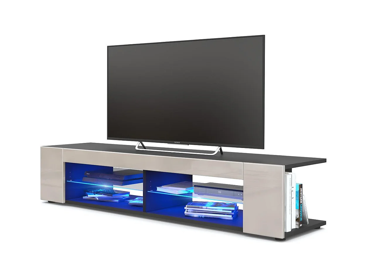 Buffet bas Movie, Meuble TV avec 4 compartiments ouverts et placages décoratifs, Noir mat/Gris sable brillant, éclairage LED bleu inclus (134 x 29 x 39 cm)
