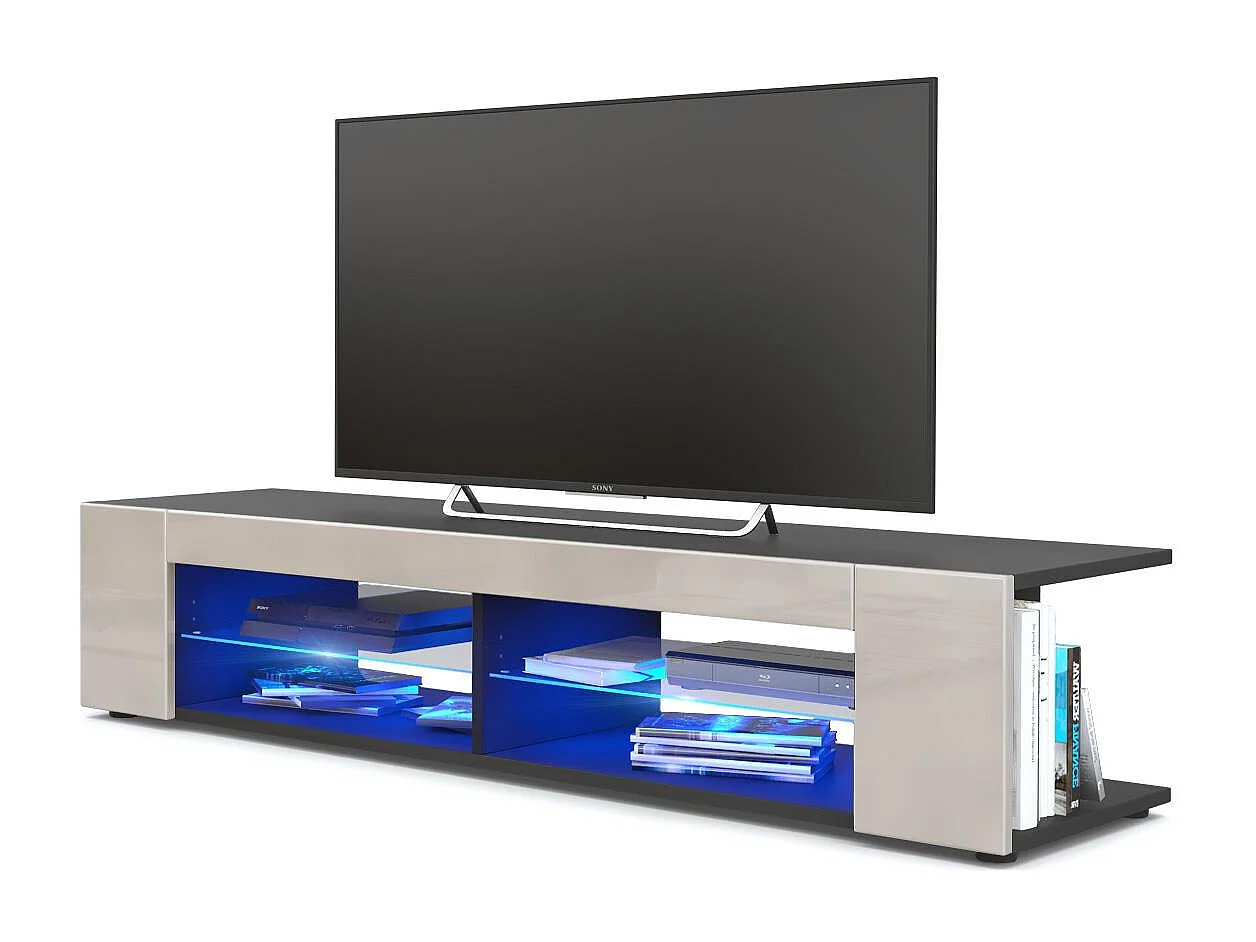 Buffet bas Movie, Meuble TV avec 4 compartiments ouverts et placages décoratifs, Noir mat/Gris sable brillant, éclairage LED bleu inclus (134 x 29 x 39 cm)