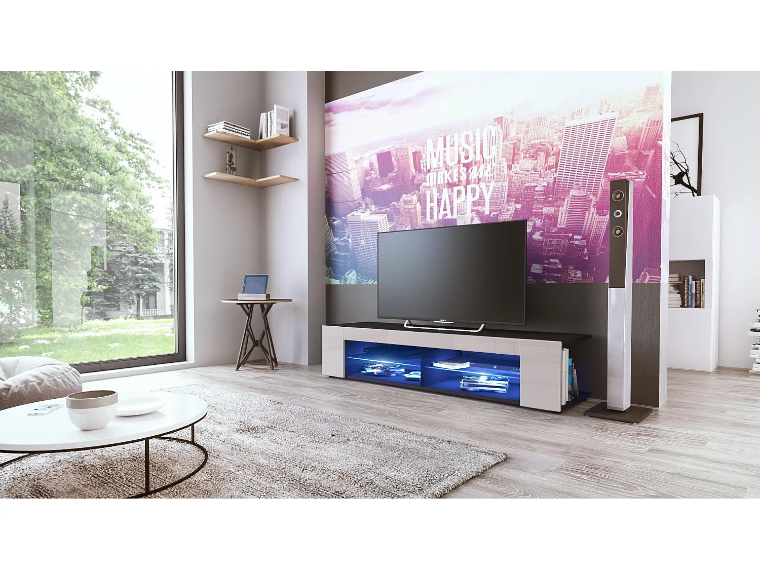 Buffet bas Movie, Meuble TV avec 4 compartiments ouverts et placages décoratifs, Noir mat/Gris sable brillant, éclairage LED bleu inclus (134 x 29 x 39 cm)