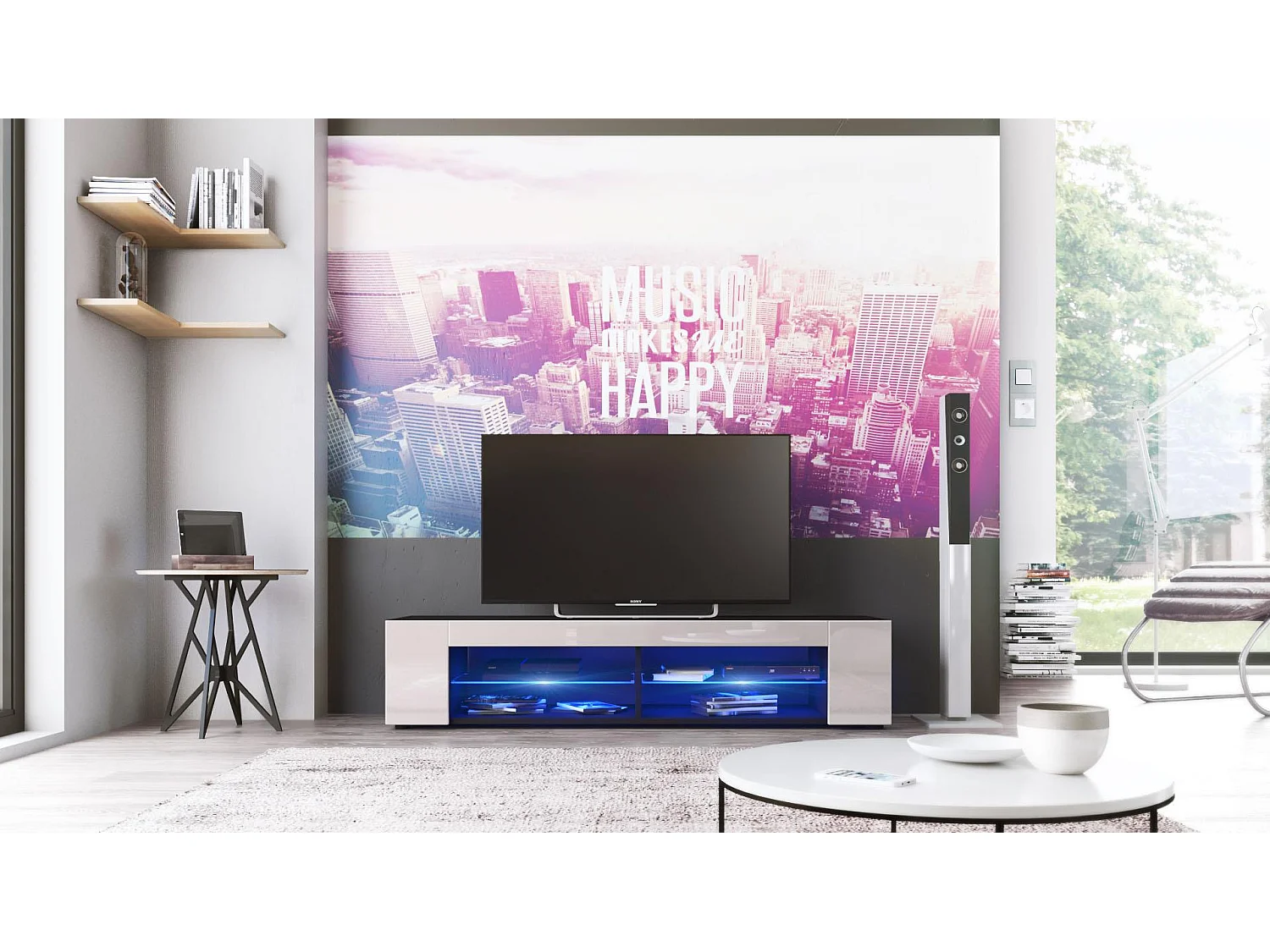 Buffet bas Movie, Meuble TV avec 4 compartiments ouverts et placages décoratifs, Noir mat/Gris sable brillant, éclairage LED bleu inclus (134 x 29 x 39 cm)