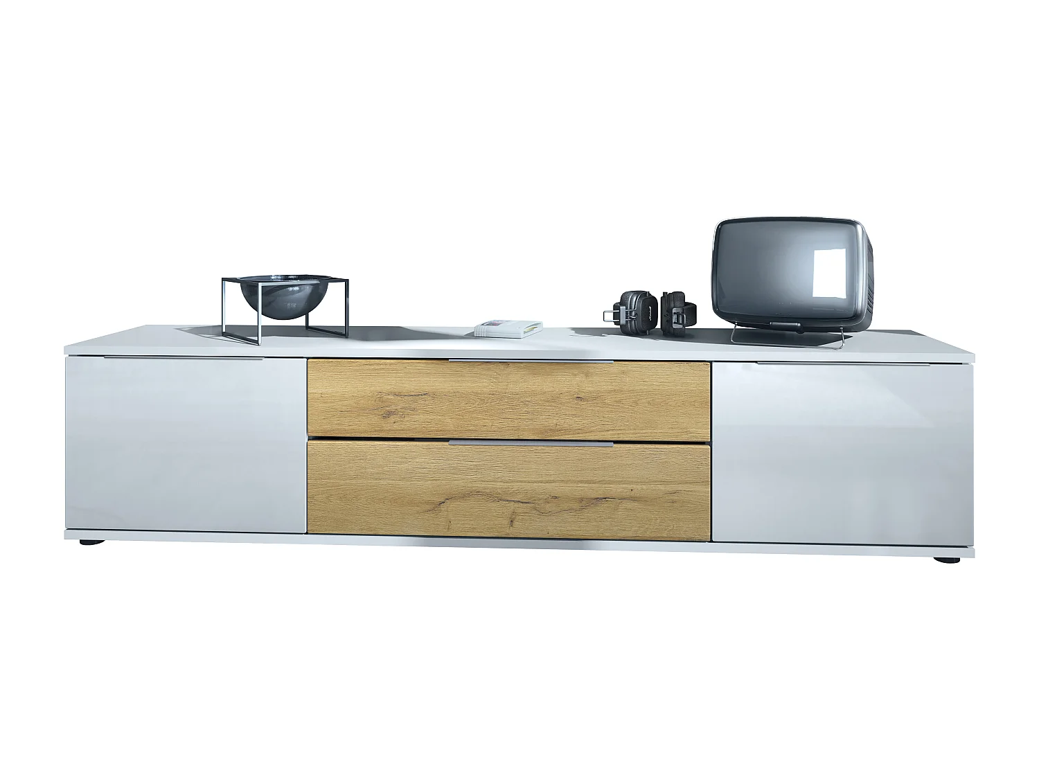 Buffet TV Linio V2, Table de télévision avec 2 portes et 2 tiroirs - Blanc / chêne nature (166,5 x 37,5 x 35 cm)