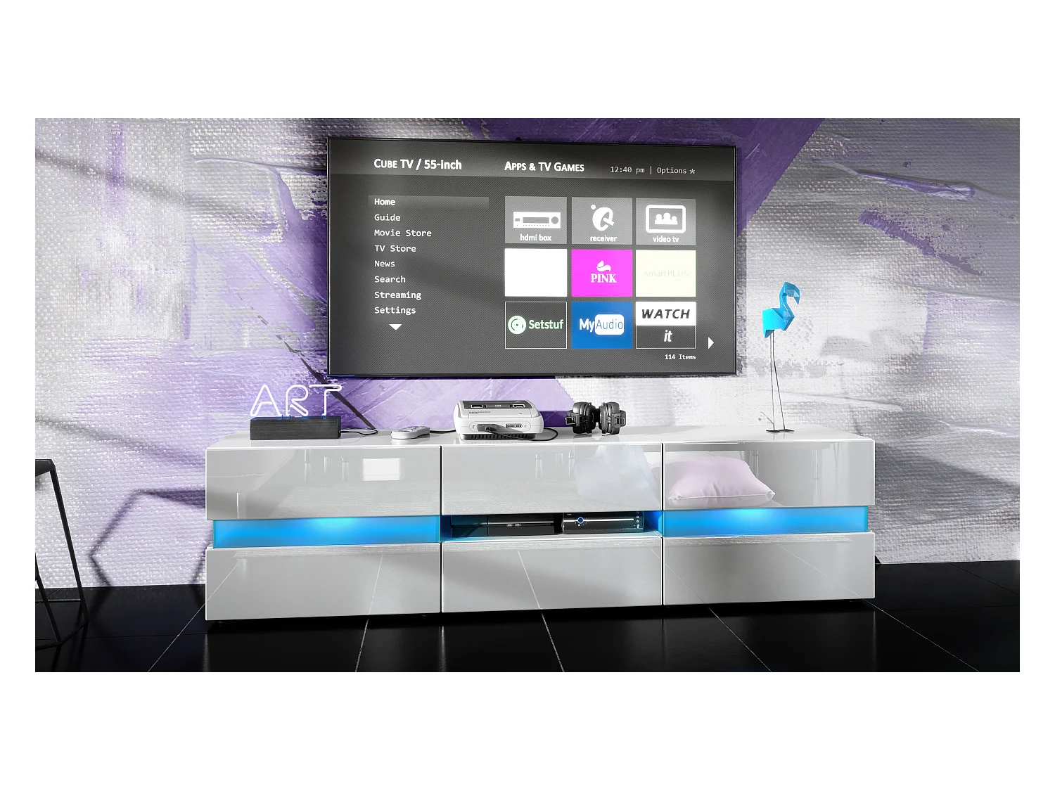 Buffet bas Flow, Meuble TV avec vitre d’ambiance rétroéclairée, 2 portes, 1 tiroir et 1 clapet, Blanc brillant/Blanc brillant, LED incluse (177 x 45 x 39 cm)