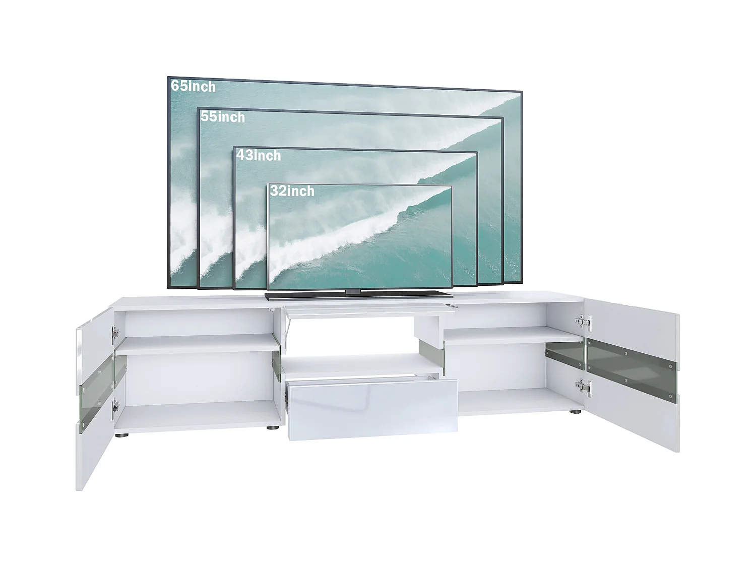 Buffet bas Flow, Meuble TV avec vitre d’ambiance rétroéclairée, 2 portes, 1 tiroir et 1 clapet, Blanc brillant/Blanc brillant, LED incluse (177 x 45 x 39 cm)