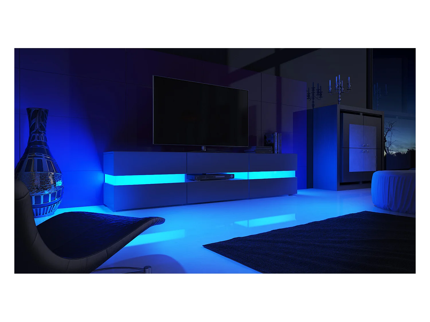 Buffet bas Flow, Meuble TV avec vitre d’ambiance rétroéclairée, 2 portes, 1 tiroir et 1 clapet, Blanc brillant/Blanc brillant, LED incluse (177 x 45 x 39 cm)