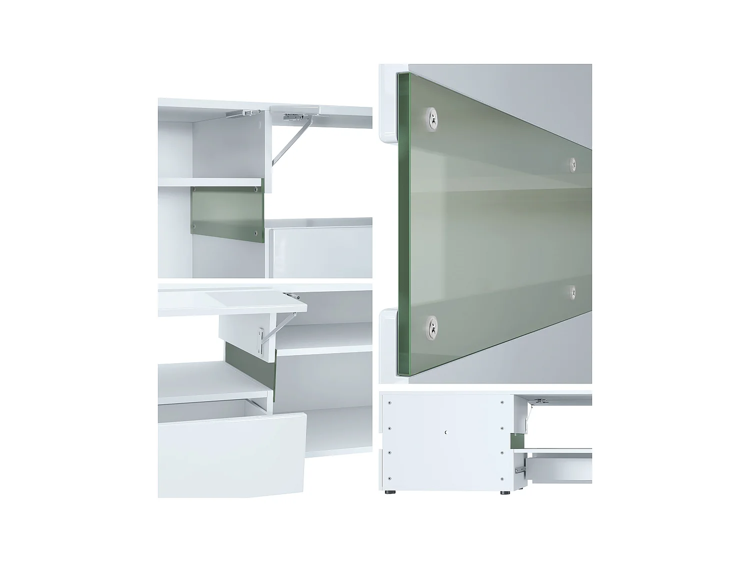 Buffet bas Flow, Meuble TV avec vitre d’ambiance rétroéclairée, 2 portes, 1 tiroir et 1 clapet, Blanc brillant/Blanc brillant, LED incluse (177 x 45 x 39 cm)