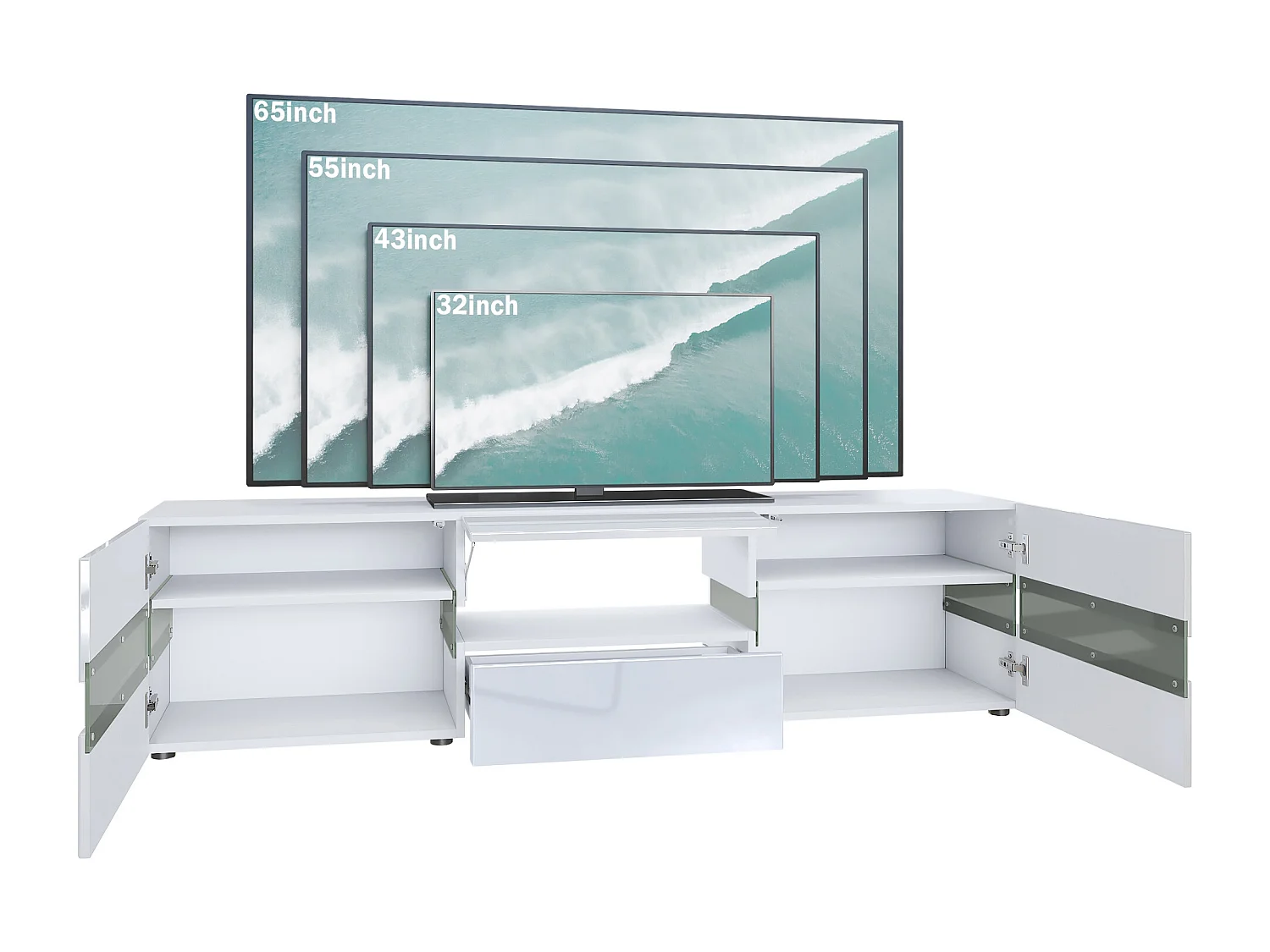 Buffet bas Flow, Meuble TV avec vitre d’ambiance rétroéclairée, 2 portes, 1 tiroir et 1 clapet, Blanc brillant/Blanc brillant, LED incluse (177 x 45 x 39 cm)