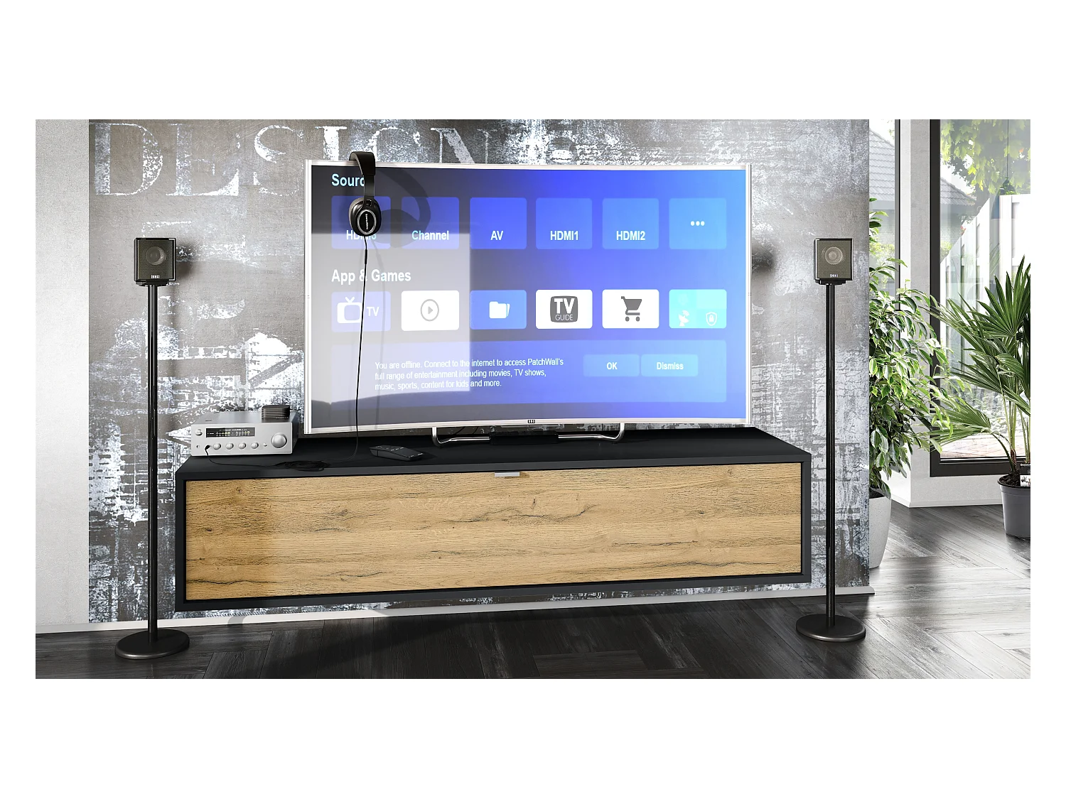 Meuble TV Lana 140 armoire murale lowboard 140 x 29 x 37 cm, caisson en Noir mat, façades en chêne nature | Grand choix de couleurs