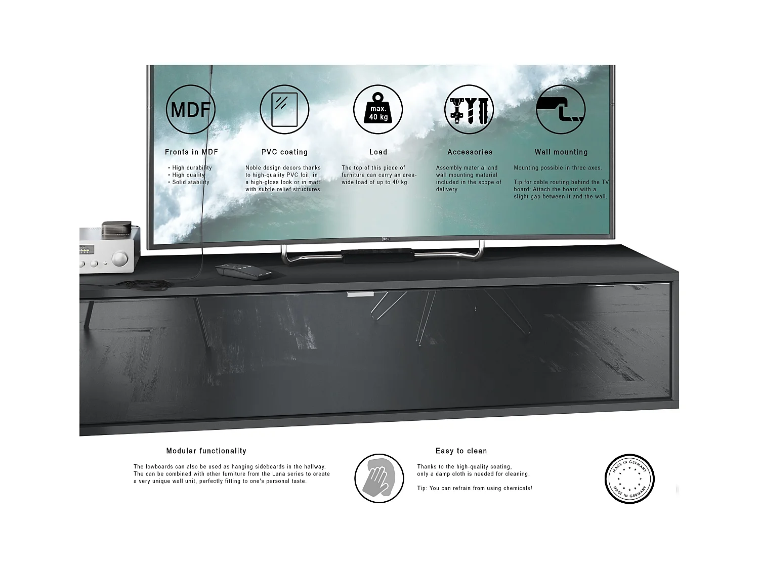 Meuble TV Lana 140 armoire murale lowboard 140 x 29 x 37 cm, caisson en Noir mat, façades en chêne nature | Grand choix de couleurs