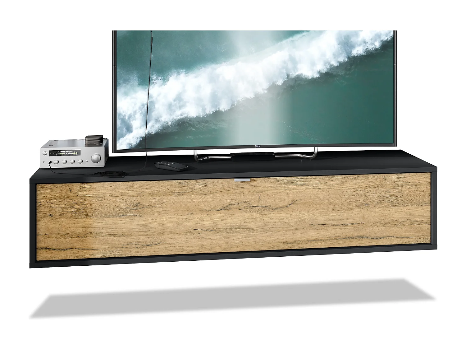 Meuble TV Lana 140 armoire murale lowboard 140 x 29 x 37 cm, caisson en Noir mat, façades en chêne nature | Grand choix de couleurs