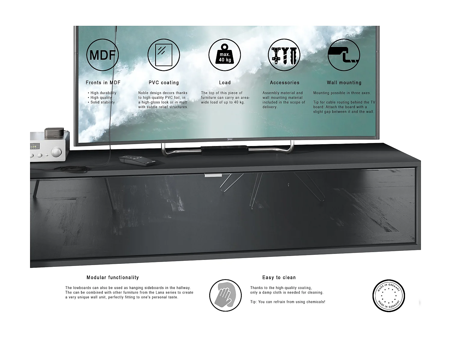 Meuble TV Lana 140 armoire murale lowboard 140 x 29 x 37 cm, caisson en Noir mat, façades en chêne nature | Grand choix de couleurs