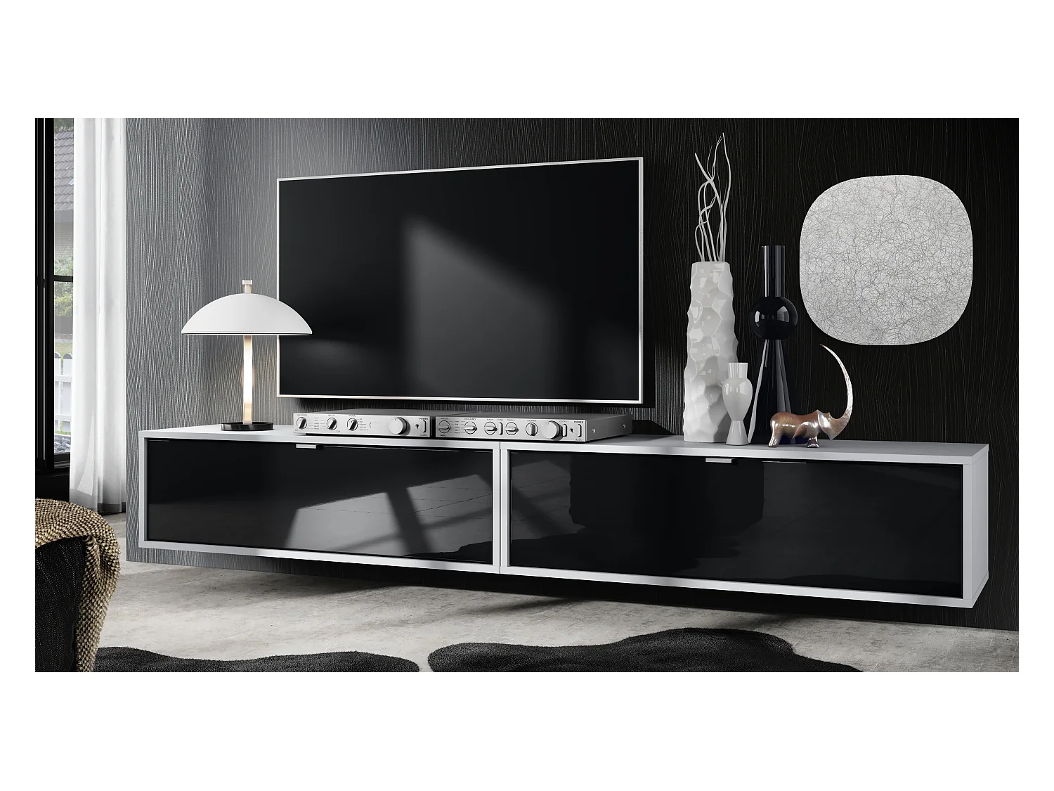 Ensemble de 2 set meuble TV Lana 100, lowboards de 100 x 29 x 37 cm chacun avec beaucoup d'espace de rangement, caisson en Blanc mat, façades en Noir brillant