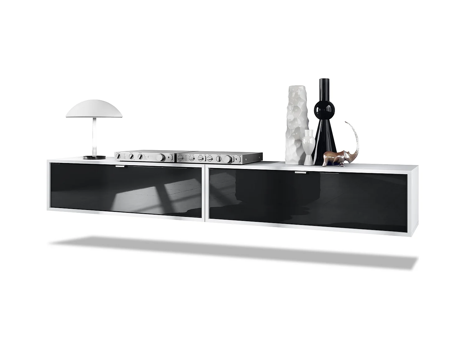 Ensemble de 2 set meuble TV Lana 100, lowboards de 100 x 29 x 37 cm chacun avec beaucoup d'espace de rangement, caisson en Blanc mat, façades en Noir brillant