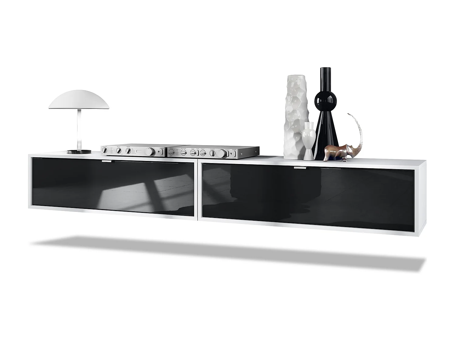 Ensemble de 2 set meuble TV Lana 100, lowboards de 100 x 29 x 37 cm chacun avec beaucoup d'espace de rangement, caisson en Blanc mat, façades en Noir brillant